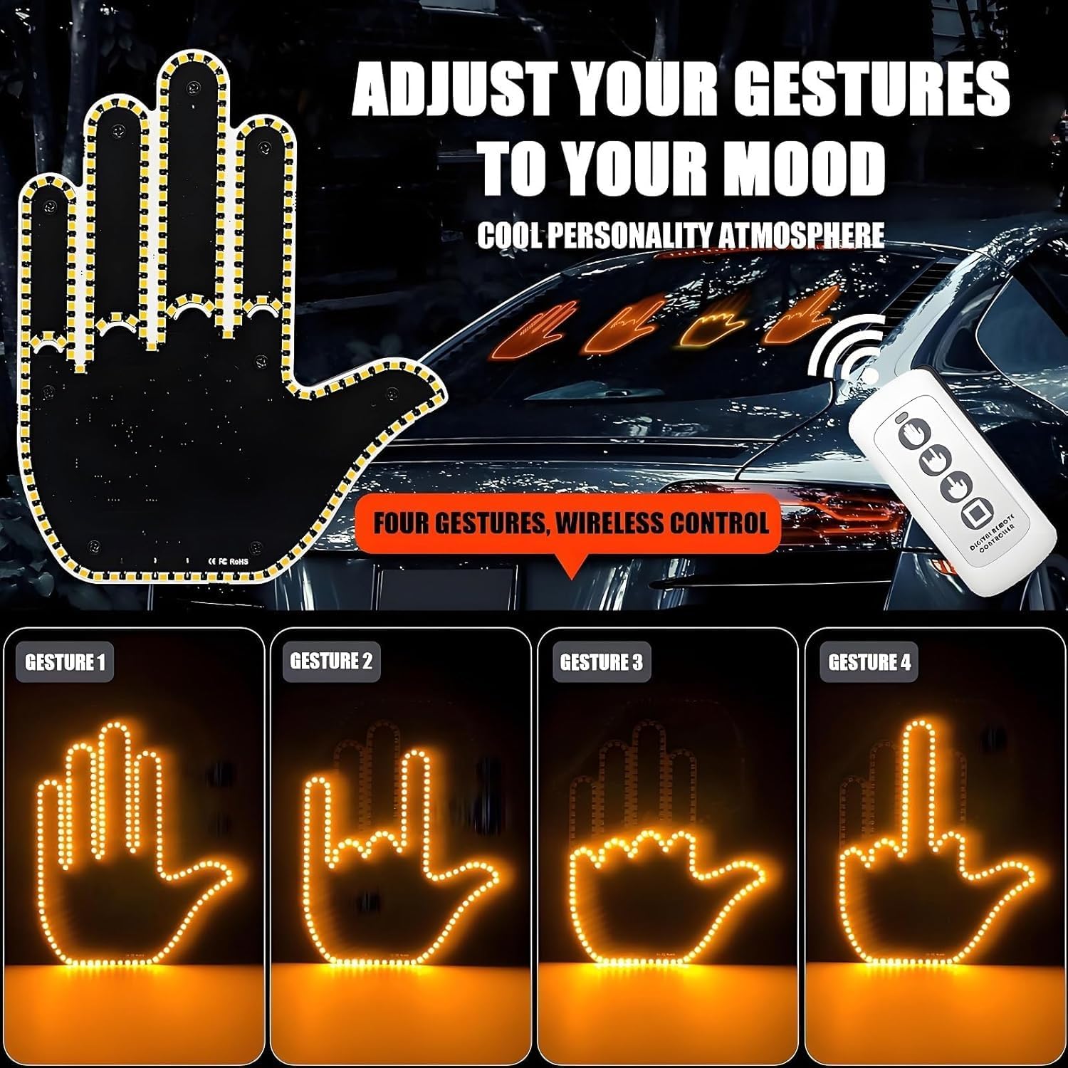 Main Lumineuse LED avec Doigt Gestuel Télécommandé pour Voiture