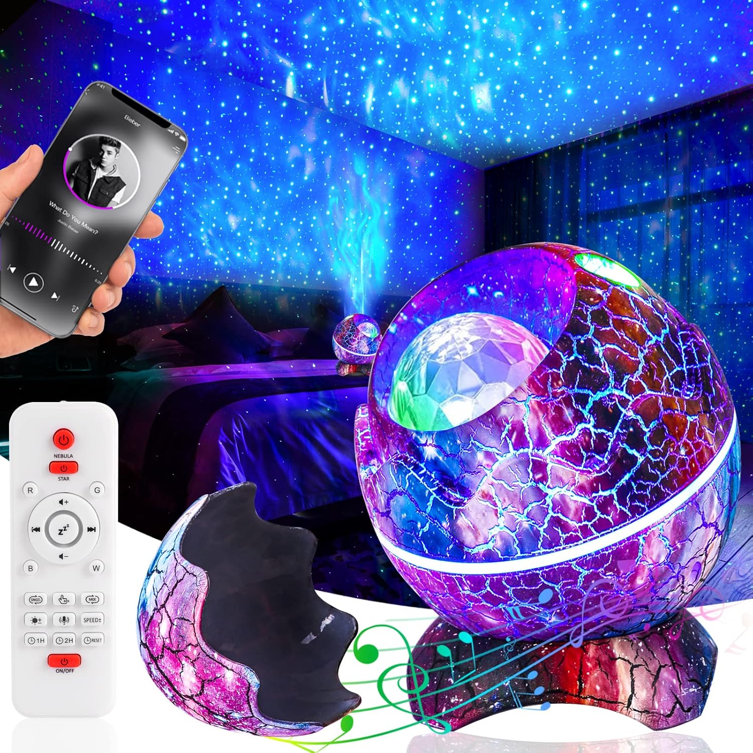 Projecteur Galaxy en Forme d’Œuf de Dinosaure avec Haut-Parleur Bluetooth et Bruit Blanc